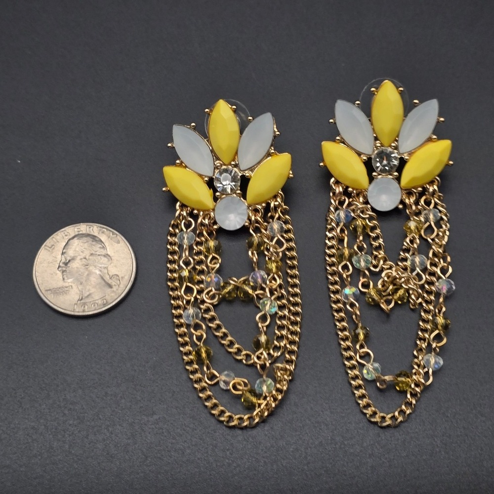 Yellow Rhinestone Chain Earrings Dangle Flower - Picture 2 of 8